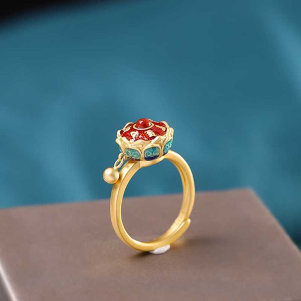 

cluster rings 925 sterling silver gold color cloisonne agate lotus throne vintage open style gemstone loop fine women jewelry, Golden;silver