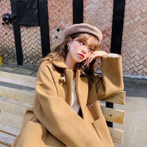 

women's wool & blends chic artistic dark brown elegant ol mid-length fold-down collar toggle woolen cloth coat womens /40, Black