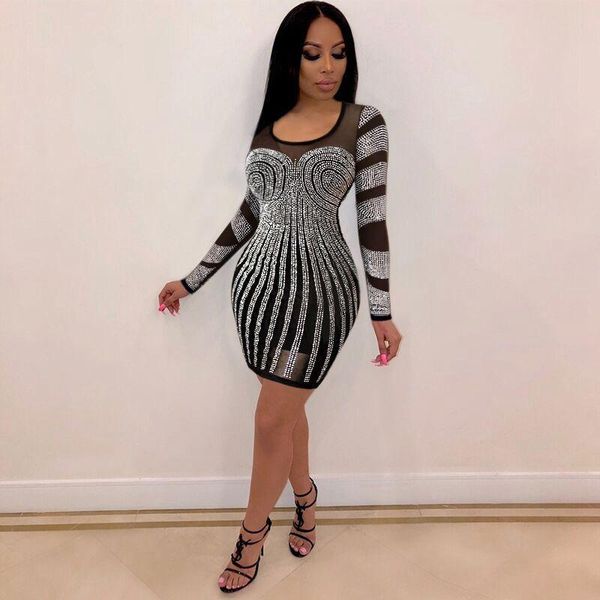 

casual dresses see through mesh sparkly birthday dress for women festival clothing rhinestone bodycon mini club party chirstmas, Black;gray