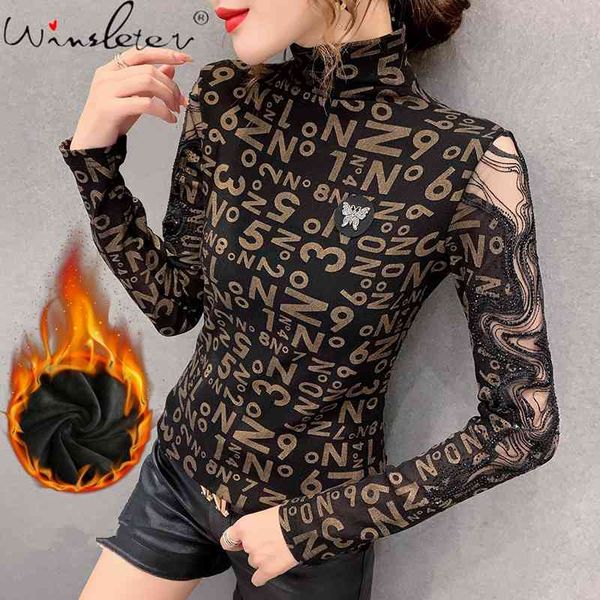 

women's t-shirt fall winter clothes fashion print letter long sleeve diamonds ropa mujer cotton with fleece tees t00809a, White