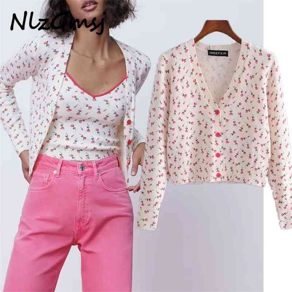 

cardigan women two pieces jumpers knitted coat floral cropped female slim vintage knitwear 03 210628, White