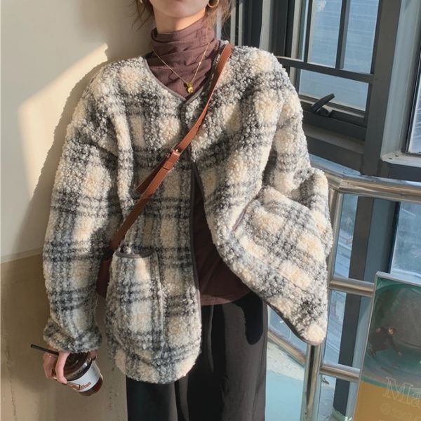 

qooth lamb wool coat autumn winter latest women's korean style winter loose all-matching thick retro plaid furry qt308 210518, Black;brown