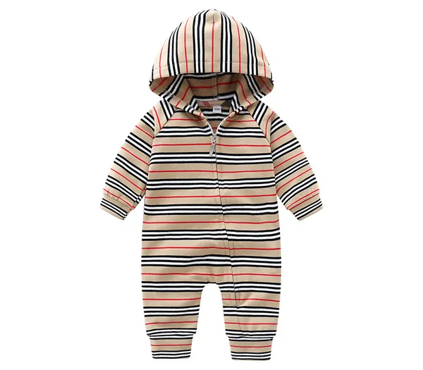 Nova chegada primavera e outono moda marca estilo recém-nascido roupas de bebê meninos e meninas macacão com capuz listrado de manga comprida