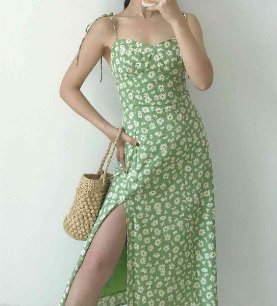 

dress 2021 spring and summer green light from the vintage old style thin waist long elegant slit ed as female flower, Black;gray
