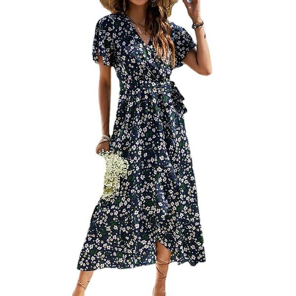 

charming dresses 2021 summer v-ne print irregular waist, Black;gray