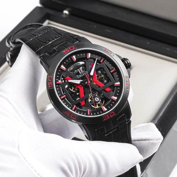 

wristwatches oblvlo 2021 design steel automatic watches skeleton dial mechanical watch leather strap sapphire glass waterproof, Slivery;brown