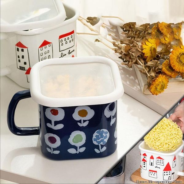 

mugs set square enamel fresh-keeping box instant noodle bowl with lid handle milk coffee mug general use for gas and induction cooker