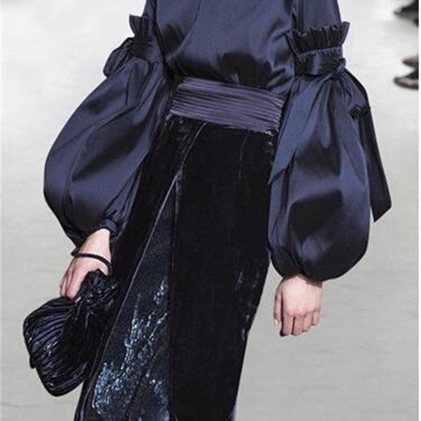

two piece dress spring and autumn europe america show temperament lantern sleeves shirt + velvet stitching half skirt two-piece suit rcc6, White