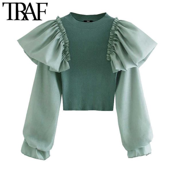

traf women fashion ruffle patchwork cropped knitted sweater vintage long sleeve stretch slim female pullovers chic 210806, White;black