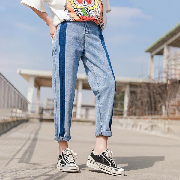 

women's jeans 2021 denim radish pants spring loose high waist was thin straight curled color matching long, Blue