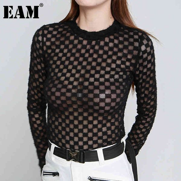 

[eam] women black slim transparent mesh plaid t-shirt round neck long sleeve fashion spring summer 1dd6002 21512, White