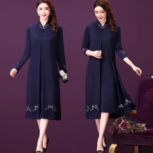 

casual dresses 2021 spring embroidery xxxl women dress style simple elegant temperament mother female two piece rh479, Black;gray