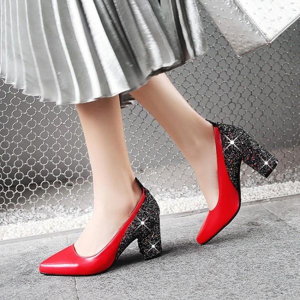 

dress shoes oversized ladies high heels women woman pumps pointed, shallow, thick-heeled single, Black