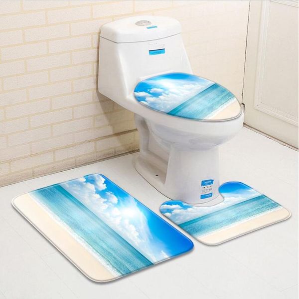 

bath mats 3pcs/set ocean scenery bathroom mat sets seaside sea beach coconut tree decor bathtub toilet carpet non-slip rug