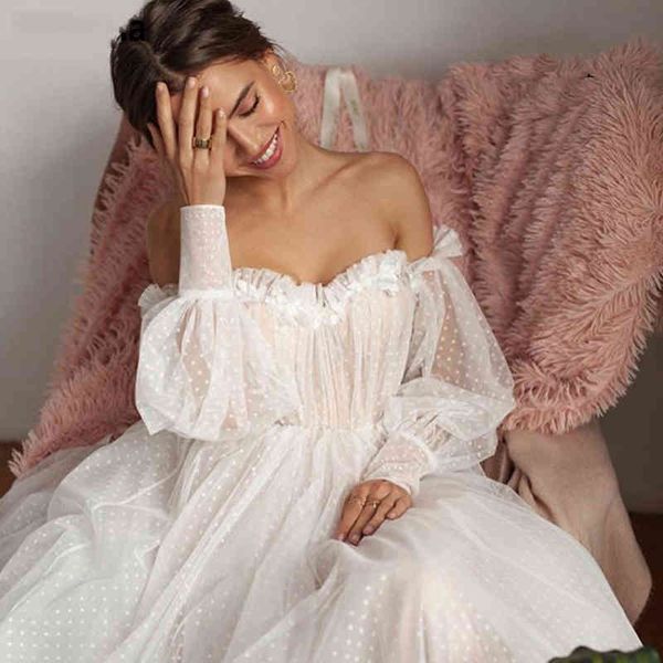 

wedding dresses new design off shoulder puffy sleeve dot tulle bride dress open back bridal gown vestido de noiva mariee, White