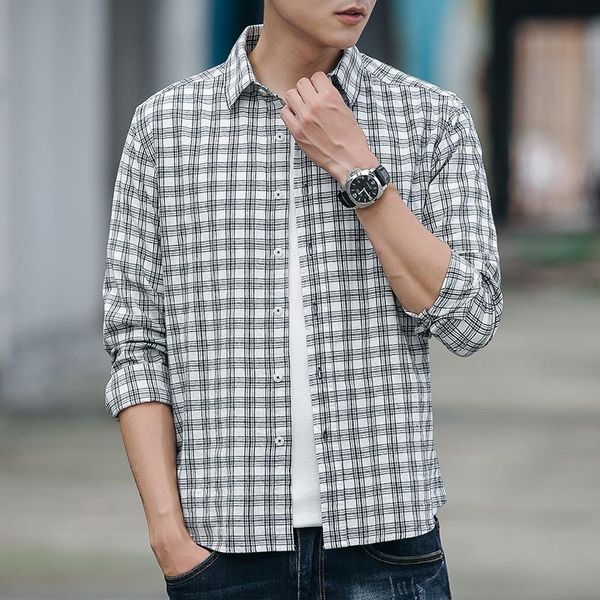 

men's casual shirts fashion brand men clothes slim fit long sleeve shirt plaid cotton smart social plus size s-3xl, White;black