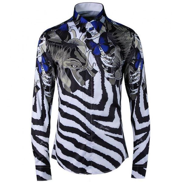 

mens shirts luxury striped fish shaped printing metrosexual dress plus size 4xl casual long sleeve man men's, White;black