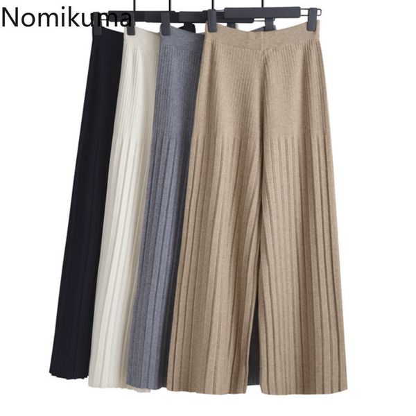 

nomikuma high stretch waist knitted wide leg pants women solid color casual loose trousers winter clothes pantalones mujer 3c574 210514, Black;white