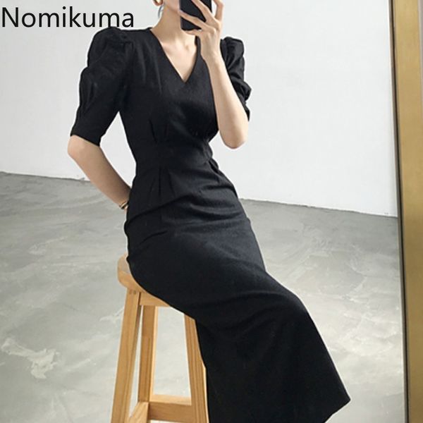 

nomikuma new elegant slim waist dresses korean puff short sleeve v-neck vestidos summer new solid vestidos mujer 6h166 210427, Black;gray