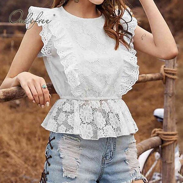 Sommer Frauen Weiße Spitze Ärmellose Rüschen Sexy Bluse Shirt Tops 210415