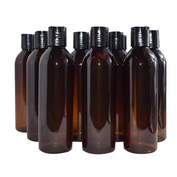 

pack 8 ounce amber empty plastic bottles with disc flip cap; bpa-refillable containers for shampoo, lotion storage & jars