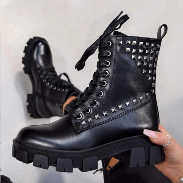 

boots women ankle autumn winter rivet casual lace up cool comfort pu leather solid female footwear motorcycle, Black
