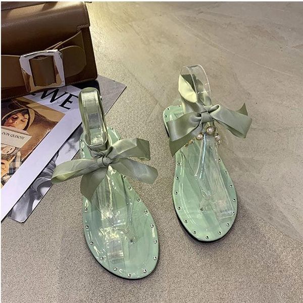 

pearl sandals female summer korean fairy style rivet beach shoes flat bow tie toe roman casual slippers, Black