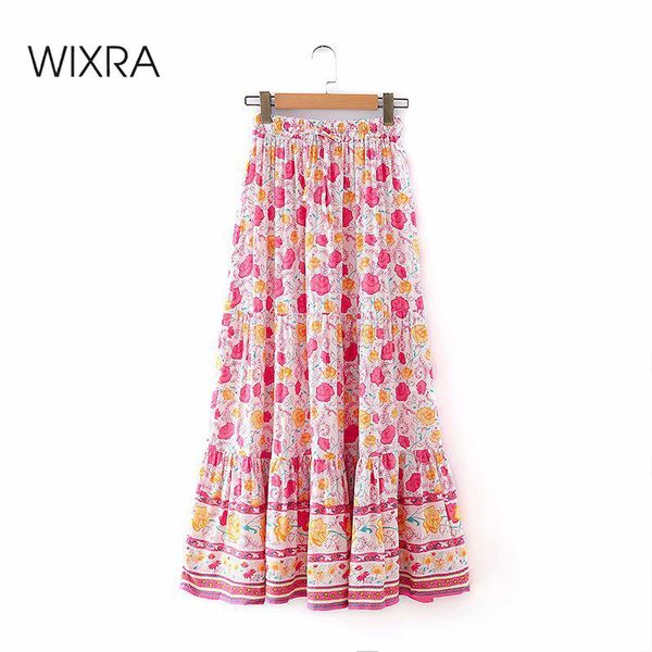 

skirts wixra spring summer a line holiday high waist floral print mid-calf street style beach bottoms for lady, Black