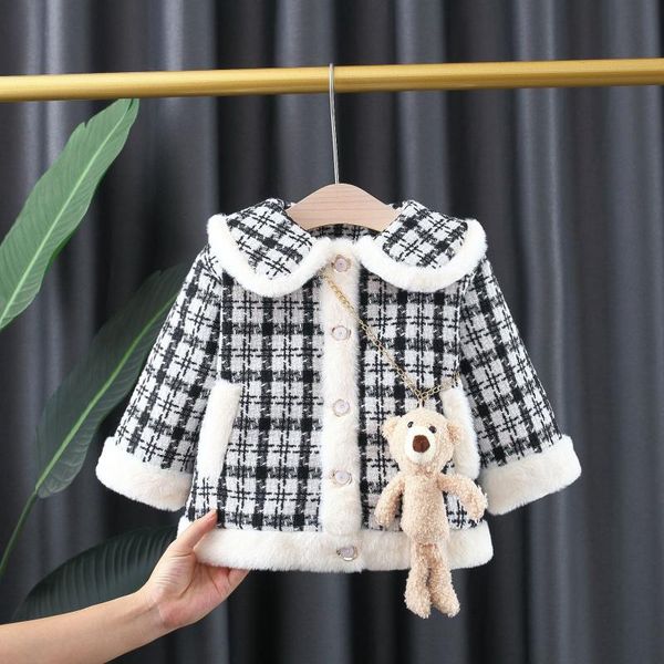 

down coat 2021 winter girls cute thick warm fleece plaid baby kids children jacket with bear, Blue;gray