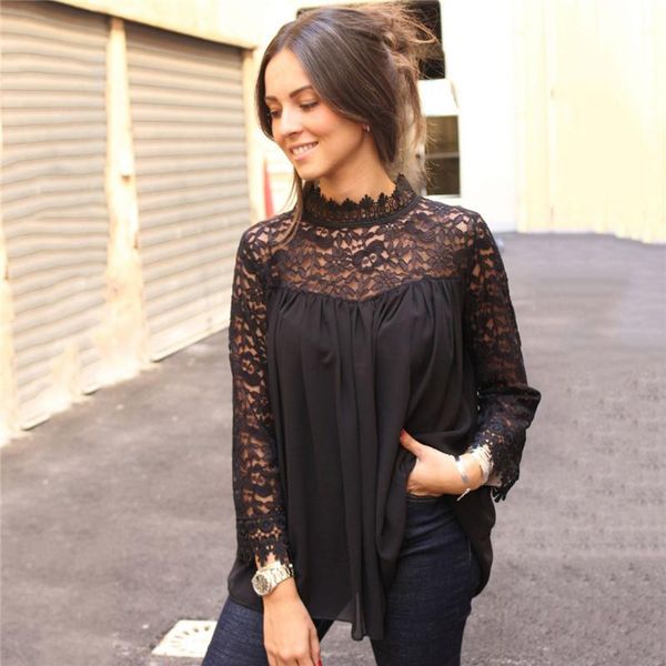

spring summer women lace shirts blouse turtleneck long sleeve hollow out transparent partywear ladies fashion blusa clothes women's blo, White