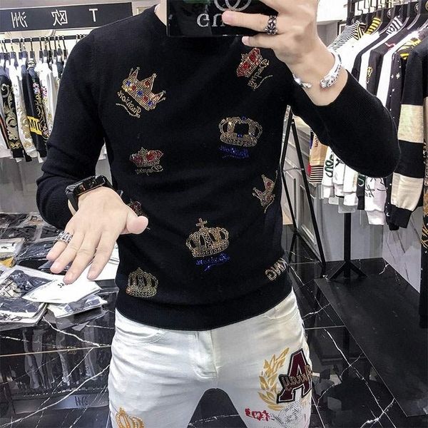 

men's hoodies & sweatshirts 2021 autumn and winter around the neck male sweater fashion crown puncture casual fine knitted 8k6o, Black