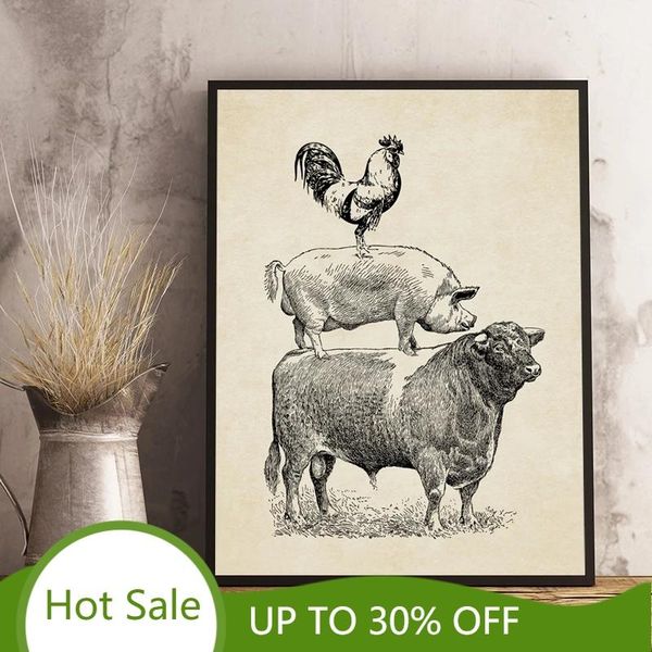 

paintings french country prints poster farmhouse retro wall art farm poultry cow pig canvas painting vintage pictures kitchen decor