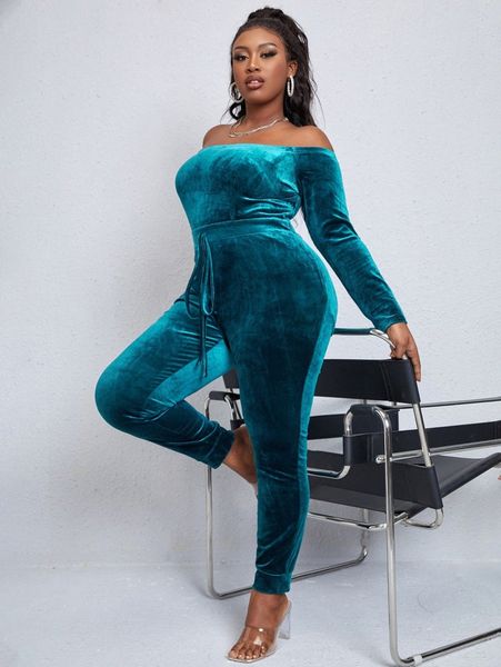

sxy plus off shoulder tie front velvet jumpsuit s5uv#, Black