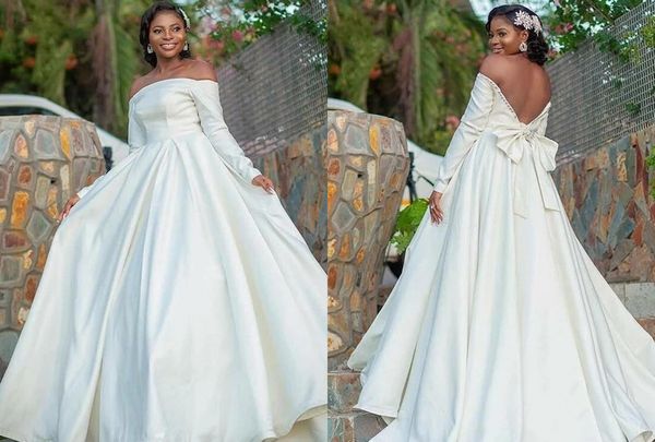

simple african plus size wedding dress bridal gowns off the shoulder with long sleeves open back bows satin pleated, White