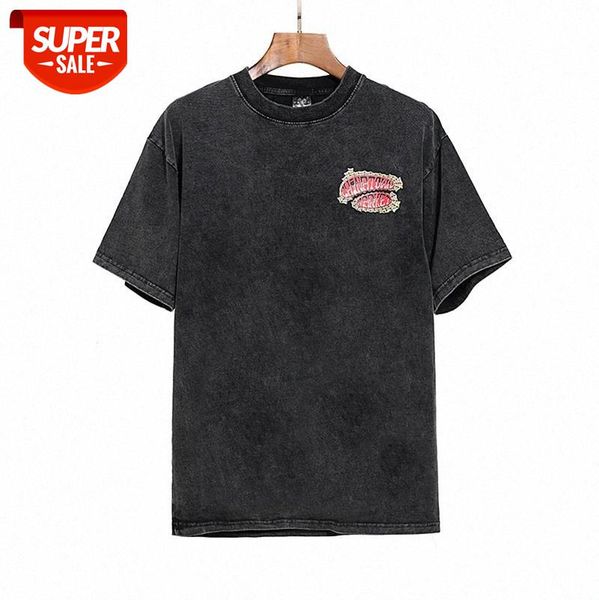 

american high street old washed round neck printed t-shirt loose creative letter printing short-sleeved tee men and women #md0q, White;black