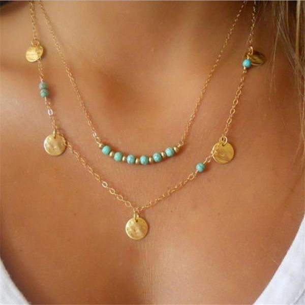 

pendant necklaces multilayer necklace layering tur-quoise sequin boho y layer for women, Silver