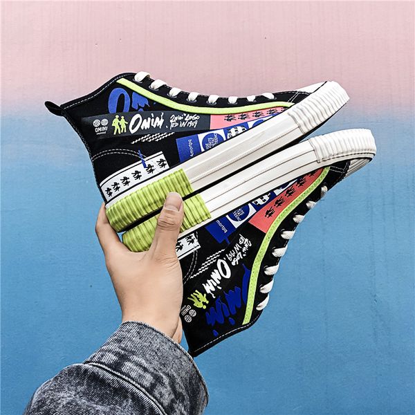 

brand korea style printed letter high canvas sneakers men espadrilles unise black mens canvas shoes casual zapatillas lona