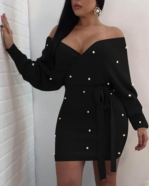 

casual dresses women christmas party sweater dress club v neck beaded design lantern sleeve bodycon, Black;gray