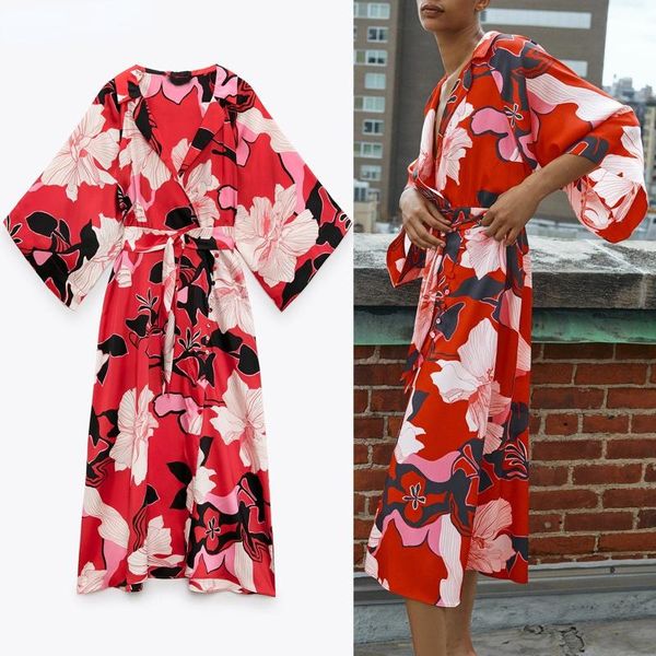 

casual dresses 2021 floral dress woman red print shirt summer women wide sleeve collared midi ladies vintage, Black;gray