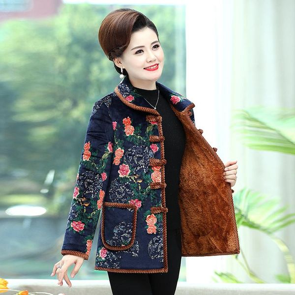 

women's down & parkas winter middle aged women floral thicken quilted coat oriental twist button design fleece lining warm wadded jacke, Black