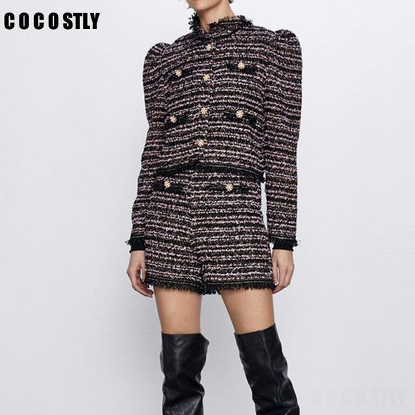 

elegant office lady two piece set women 2021 autumn tweed suit long sleeve coat and shorts outfits for dress, White