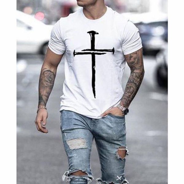 

men's t-shirts summer casual all-match jesus christ cross 3d printed t-shirt 2021 short-sleeved oversized round neck streetwear, White;black