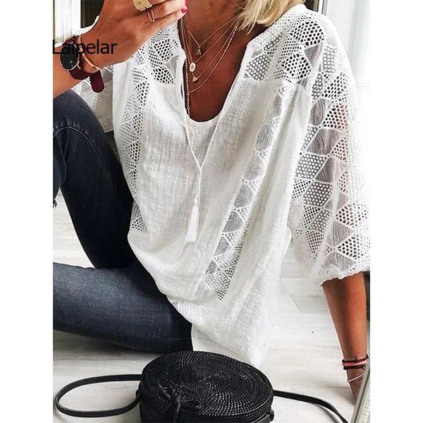 

women's blouses & shirts women blouse summer three quarter sleeve cut out lace female shirt 2021 loose casual solid pullover thin ladi, White