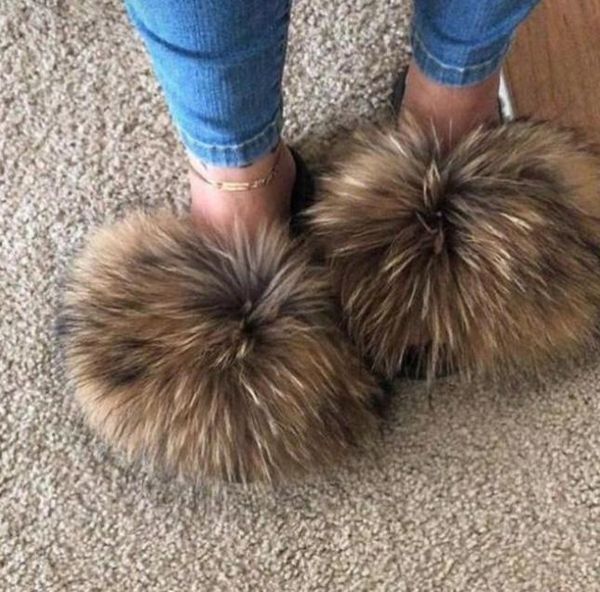 

slippers summer women fur real slides female indoor flip flops casual raccon sandals furry fluffy plush shoes, Black