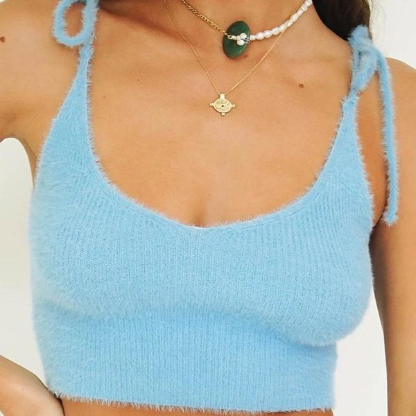 

women's tanks & camis lace up straps low cut knitted crop autumn winter women sleeveless backless skinny streetwear female cro, White