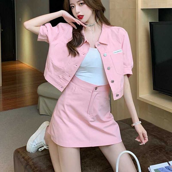

summer fashion women 2 piece skirt suit women elegant solid short sleeve blouse high waist skirt sets 210531, White