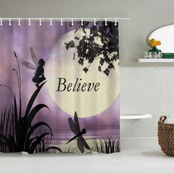 

shower curtain nature modern artwork elf and dragonfly at lake moon light stars sky theme waterproof bath liners hooks included