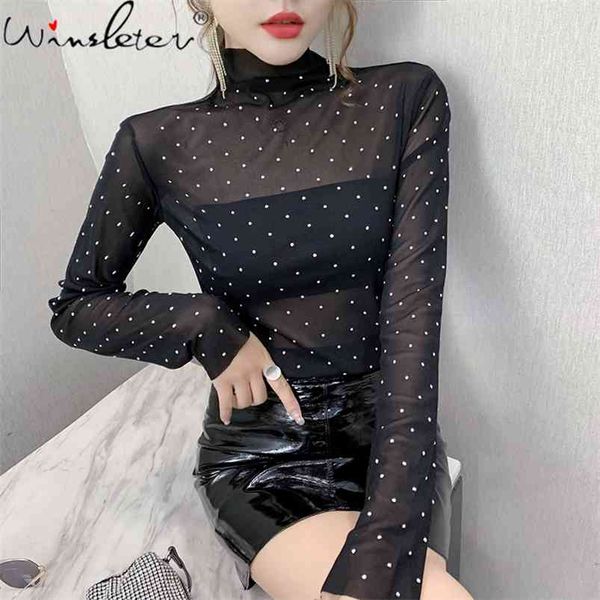 

korean style t-shirt girl chic transparent mesh shiny diamonds with strapless women bright bottoming shirt teest11316a 210421, White