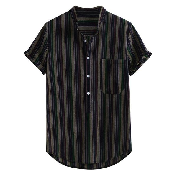 

men's casual shirts summer men shirt oversize pocket short sleeve turn-down collar multi color stripe lump chest round hem loose chemis, White;black