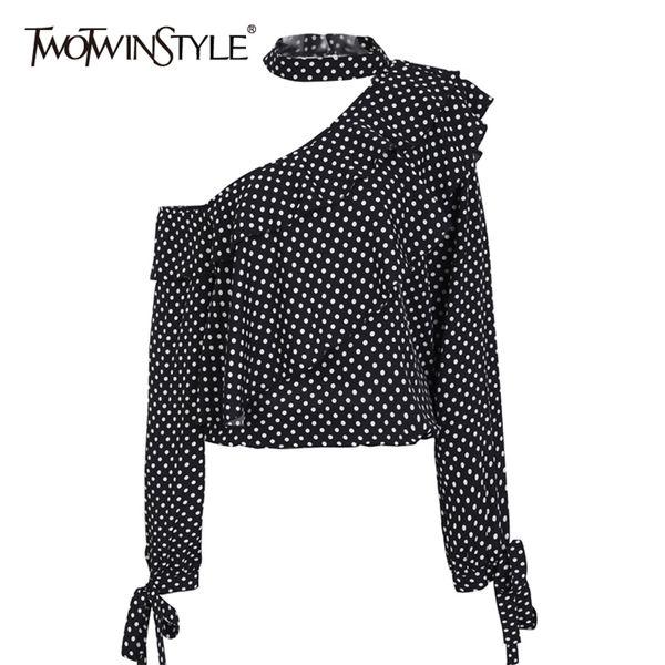 

asymmetrical print dot shirt for women skew collar long sleeve patchwork ruffle casual blouse female fashion 210524, White